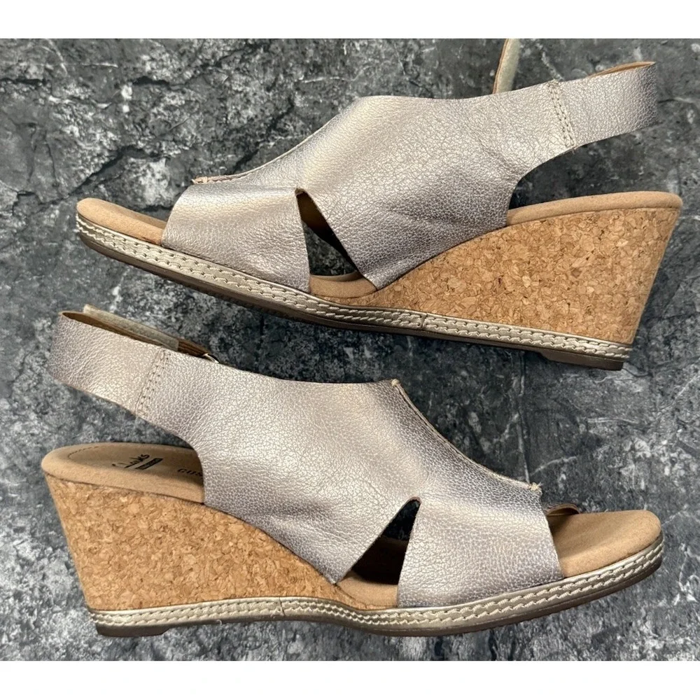 CLARKS Womens Cork Wedge Heel Sandal Gold Leather Open Toe Slingback Shoe 10M